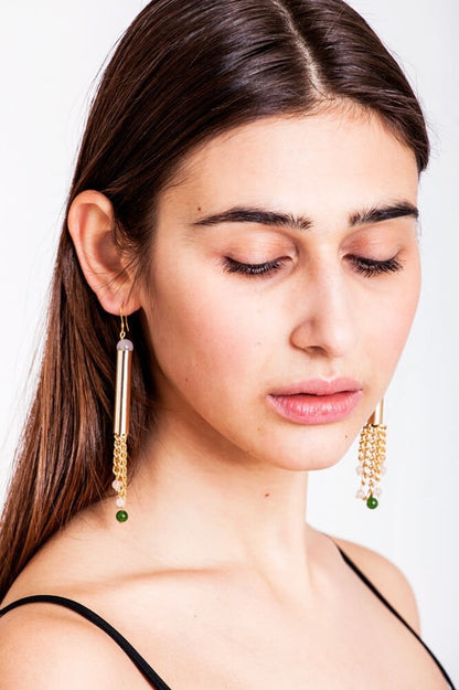 Waterfall earrings gold edition made of hand-cut, hand polished and galvanized brass, rose-quartz, jade and gold plated sterling silver.